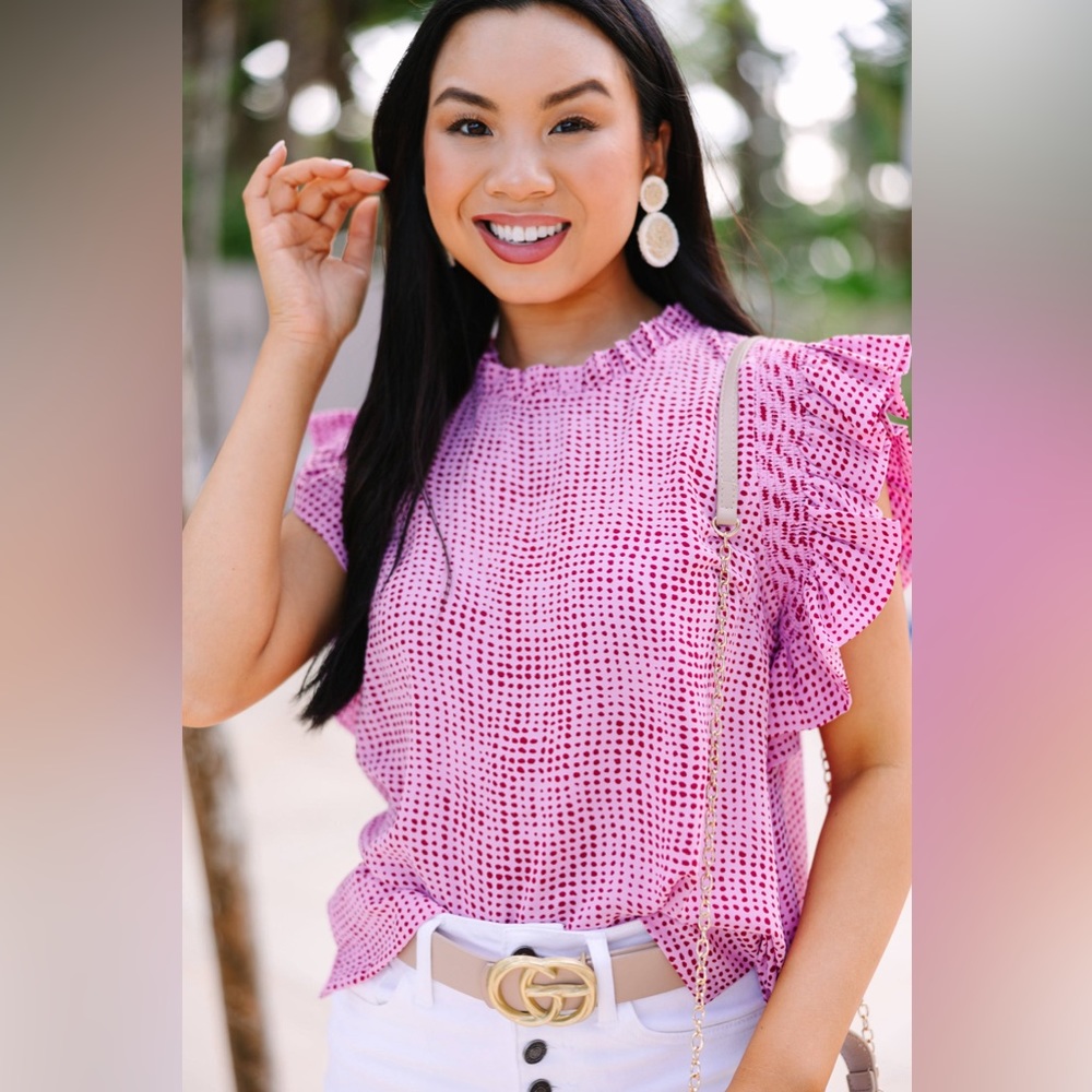 PINK POLKA DOT FRILL NECK FLUTTER SLEEVE TOP Size L